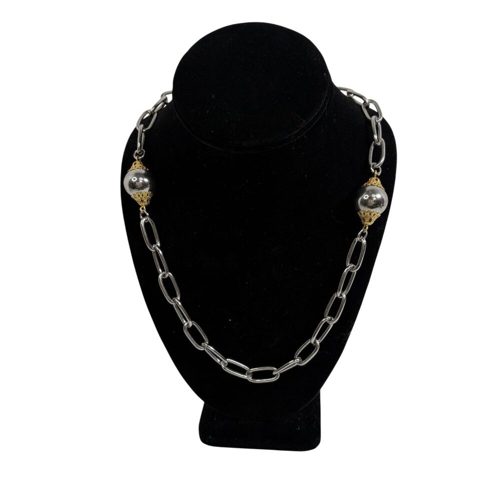 Vintage Silver & Gold Accent Statement Chain Necklace With Ornate Sphere Pendant